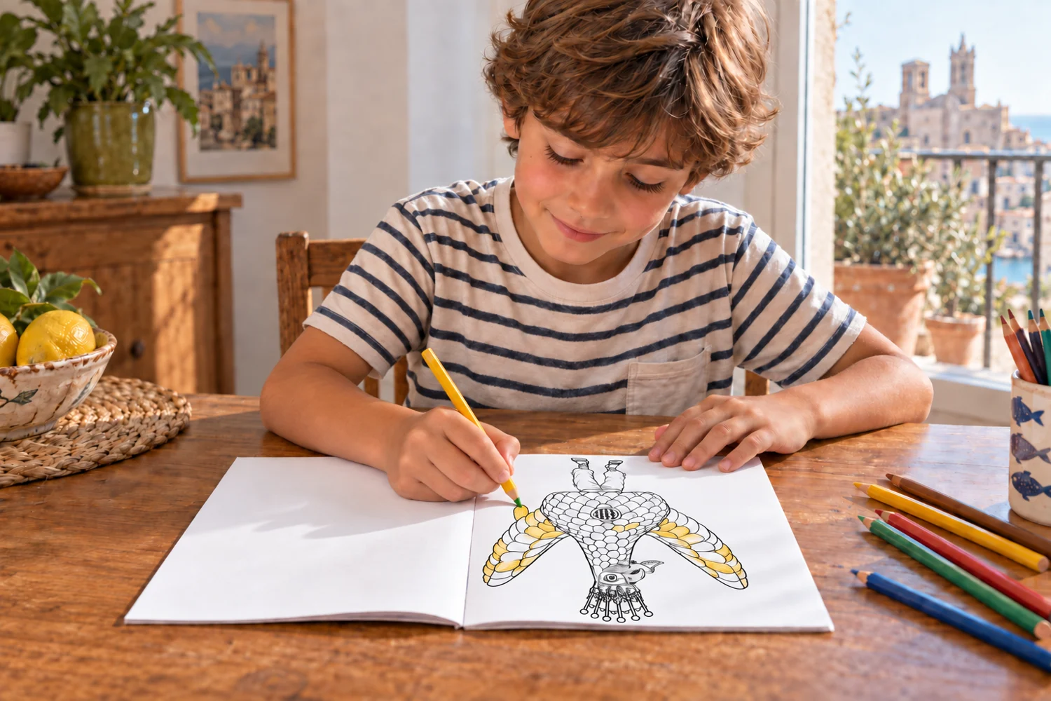 Escena creada amb IA d’un infant pintant l’Àliga al llibre obert